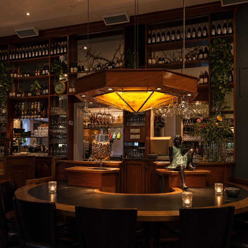 De bar onder de koperen koepel in de avond