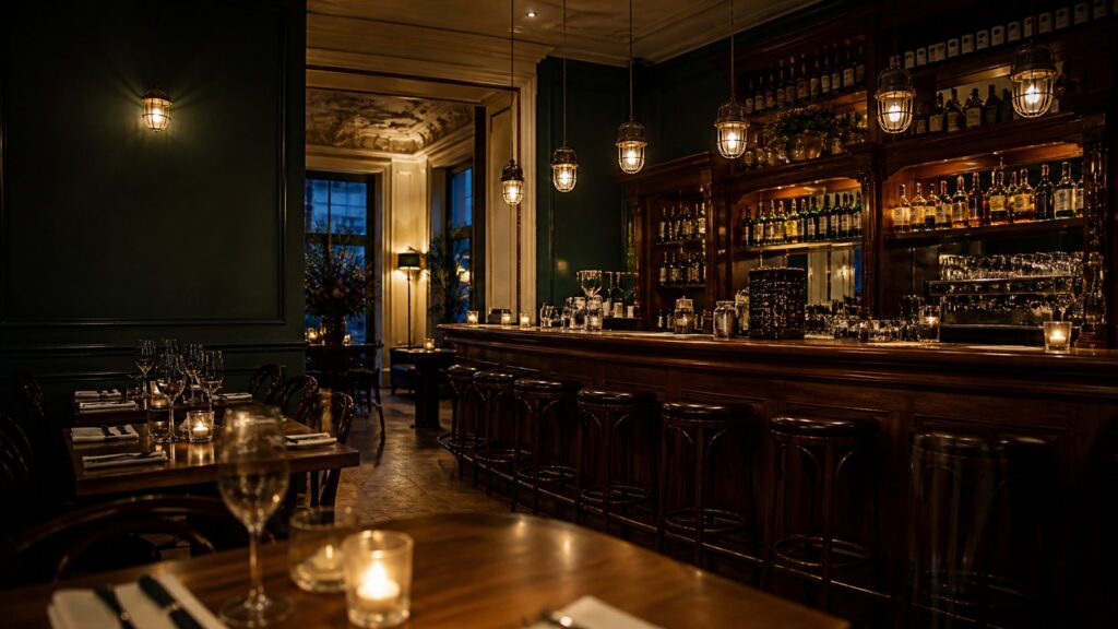 De bar en gedekte tafels in de avond